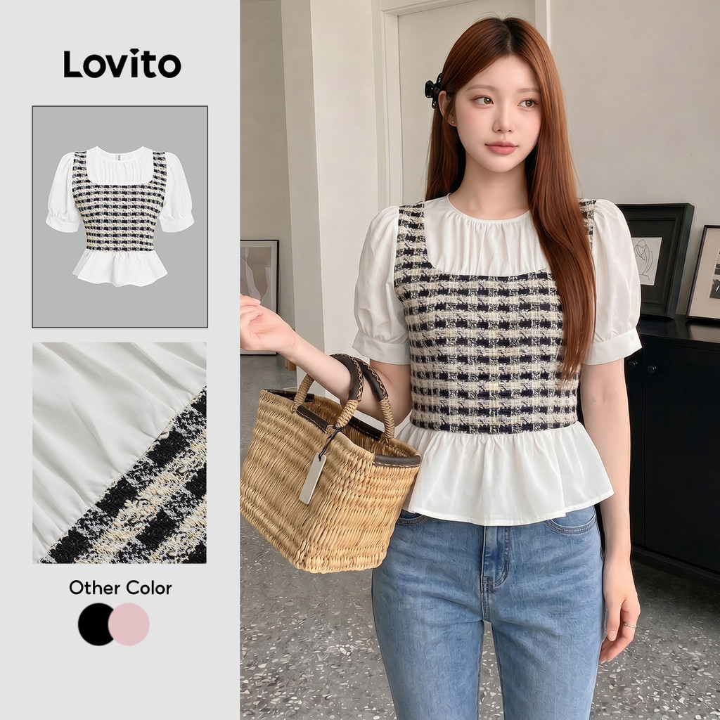Lovito Branca Elegante Blusa Gingham Jacquard Blusa Verão/Primavera Para Mulheres L114AD317