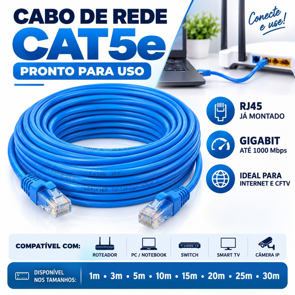 Cabo De Rede Azul RJ45 CAT5e Pc Notebook Roteador Smart Tv Video Game 1/3/5/10/15/20/25/30 Metros