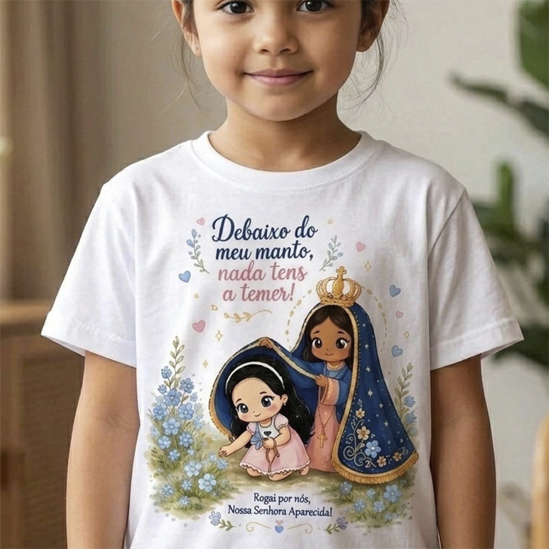 Camiseta Infantil Manto de Mãe - Camisa Dia Das Crianças Estampa Nossa Senhora 100% Algodão