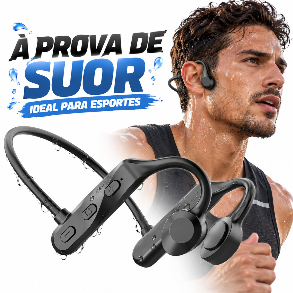 Fone Bluetooth Esportivo Aberto Orelha Tecnologia Óssea IPX7 20h Bateria para Treino Intenso