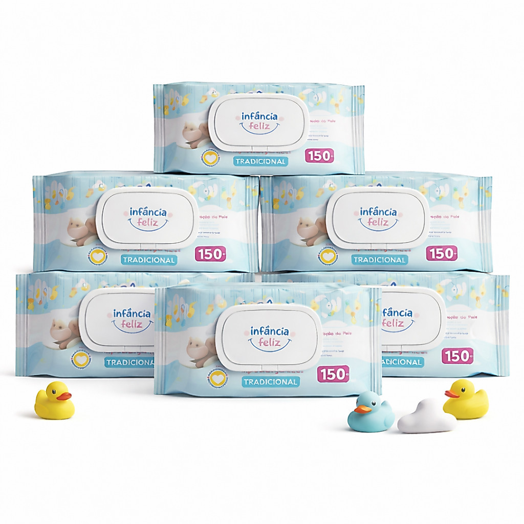 Kit com 6 Pacotes de Toalhas Umedecidas Infância Feliz 150 folhas 98% Água - Vegana Lenço Umedecido