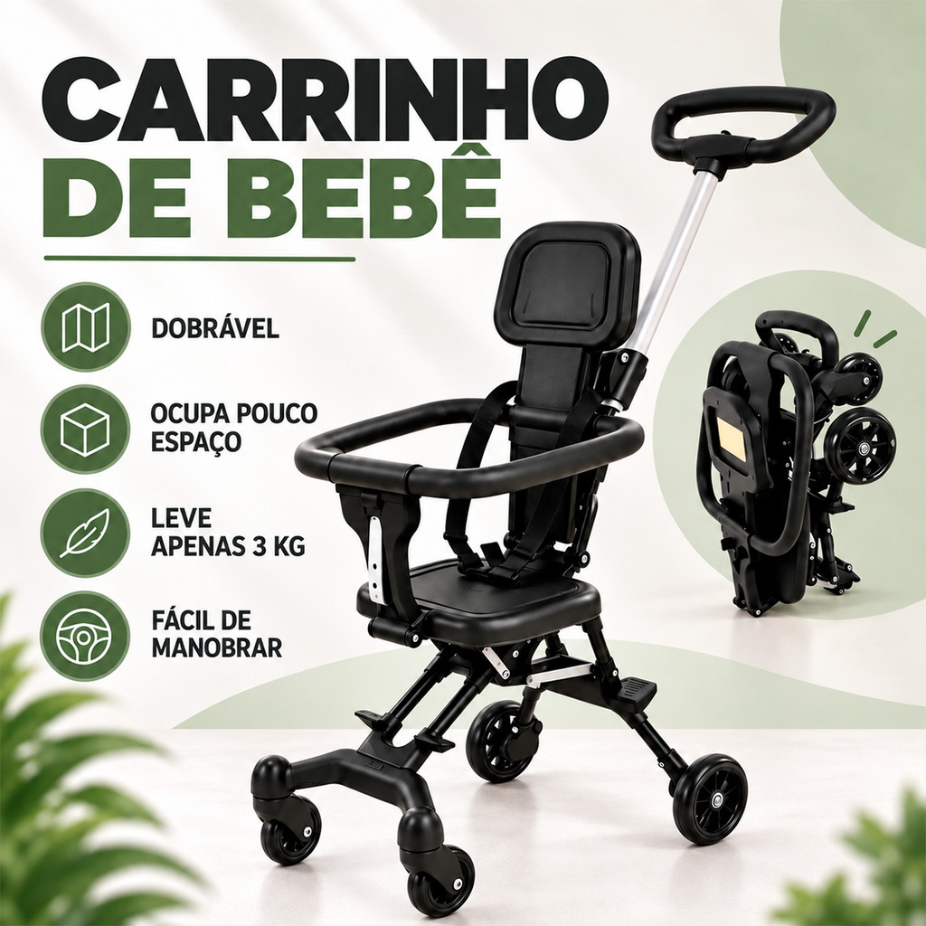 Carrinho de Bebê Dobrável Compacto Leve 3 kg Fácil de Manobrar para Passeios