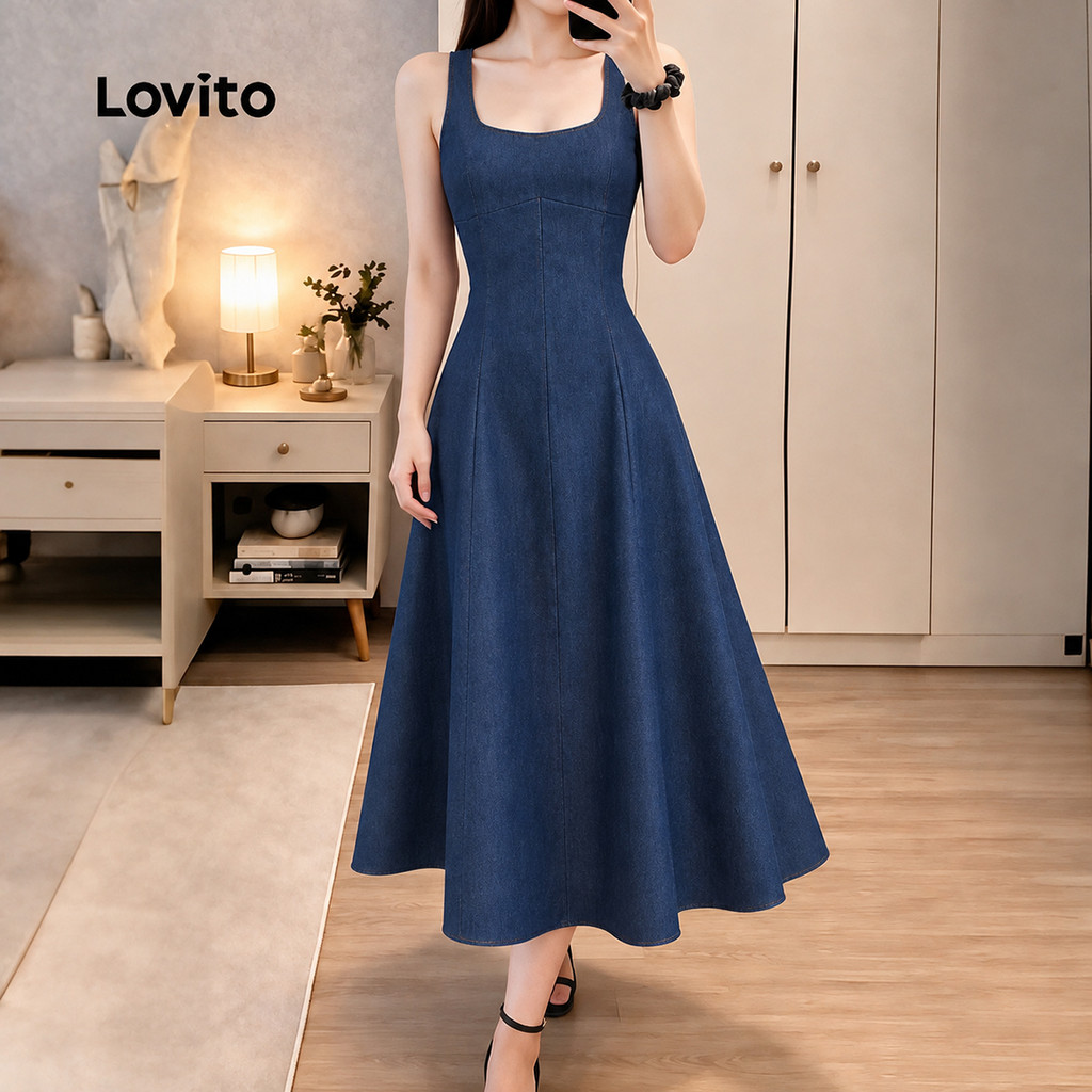 Lovito Vestido Feminino Azul Elegante Gola Quadrada Lavagem Bruta com Textura Modelo Longo Flare Primavera Verão Traje de Trabalho DRK10P2D289 — imagem 2 de 2