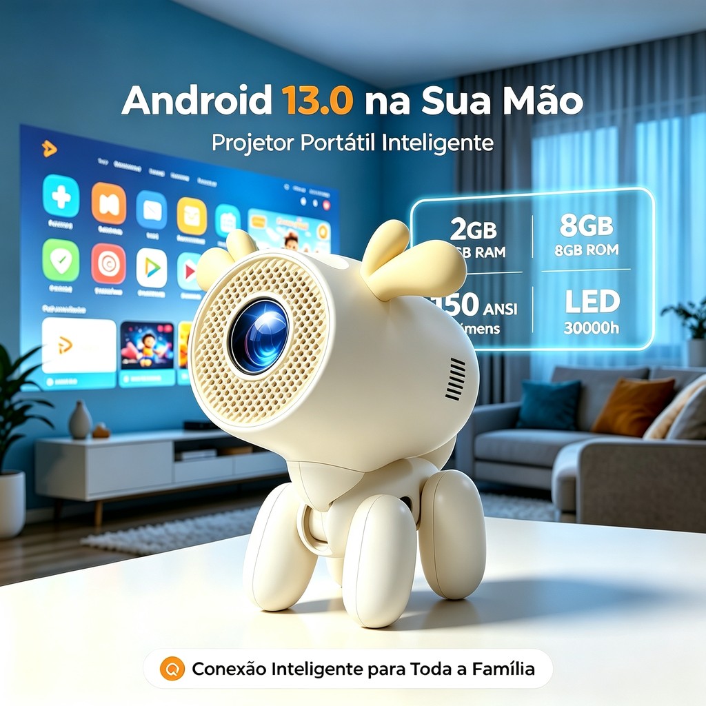 Mini Projetor Portátil Inteligente Android 13.0 150 ANSI Lúmens 2GB+8GB Keystone Automático