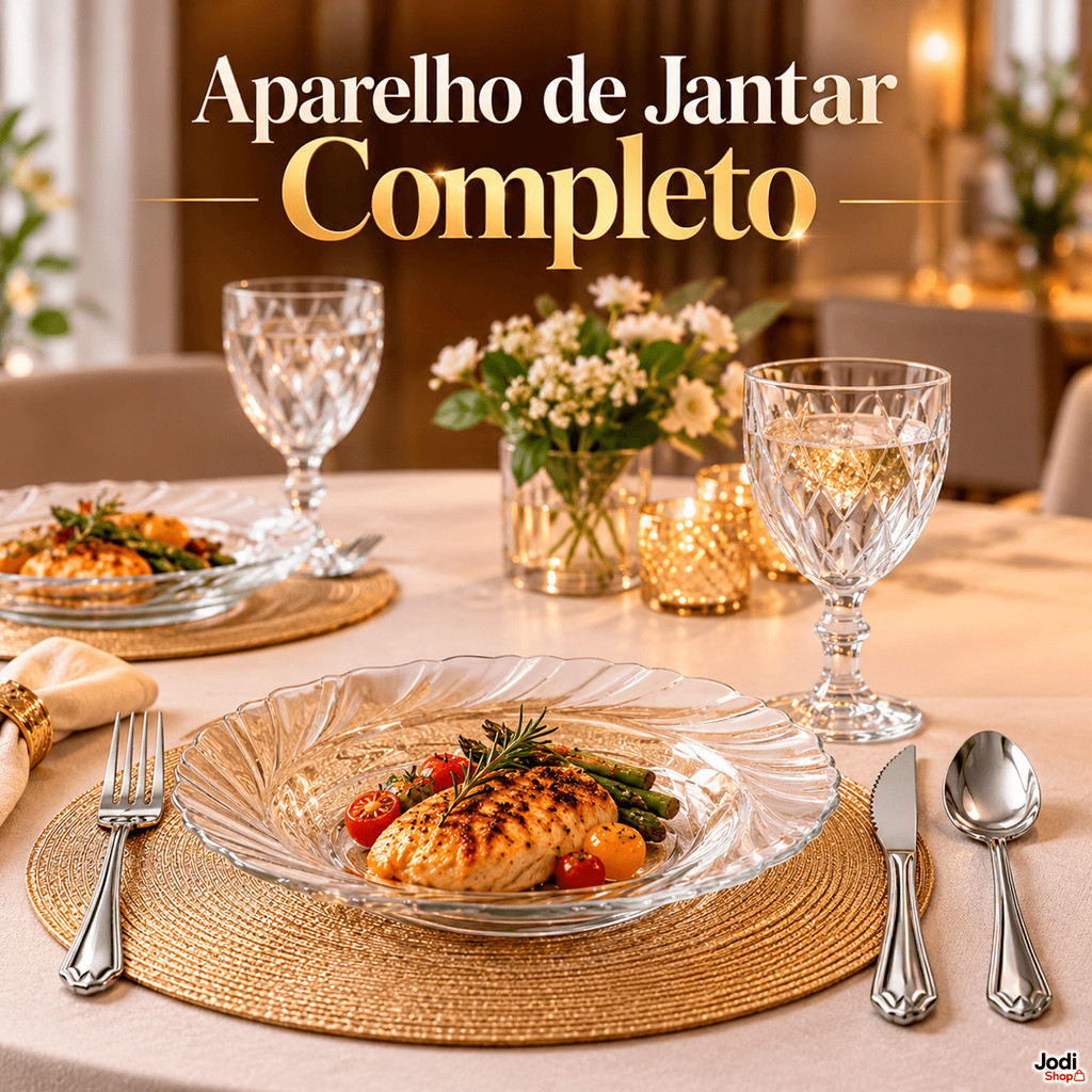 Aparelho de Jantar 30 Peças com 6 Pratos de Vidro, 6 Taças e 18 Talheres Inox