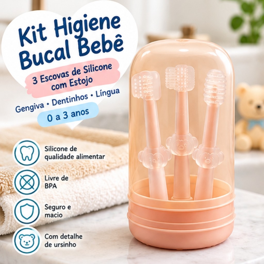 Kit Higiene Bucal Bebê 3 Escovas Silicone com Estojo Gengiva Dentinhos Língua Infantil 0 a 3 Anos Livre de BPA