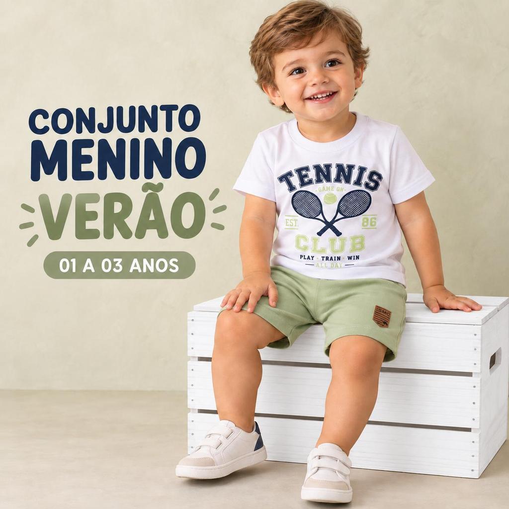 Conjunto Infantil De Verão Menino Tennis Camiseta 100% Algodão Bermuda Cós Elástico Tamanhos 1 2 3 Confortável Esportivo