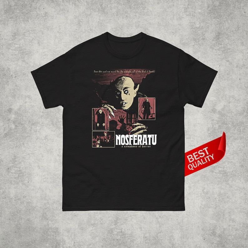 Camiseta Manga Curta Preta de Algodão com Estampa Nosferatu Vampiro Filme Clássico Terror Retrô Design Vintage para Fãs 