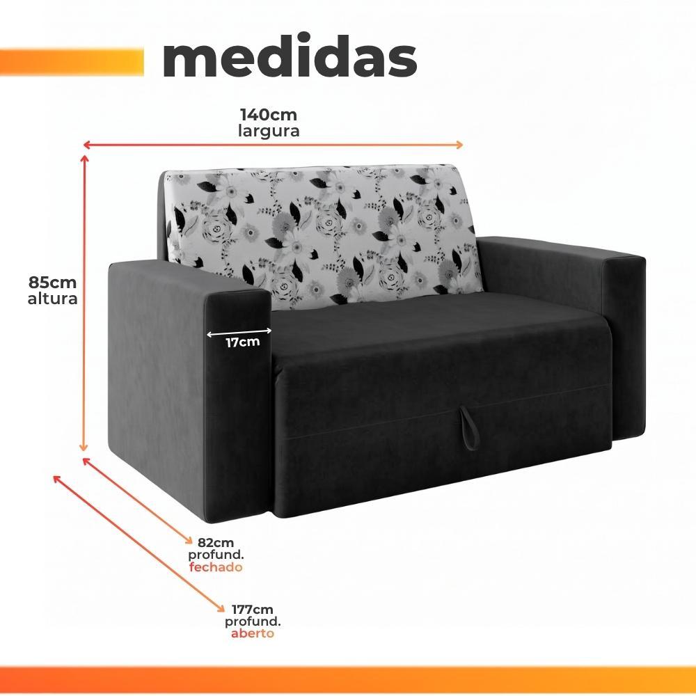Sofá-Cama 2 Lugares Pratik 5000 Mamflex Preto/Cinza Floral Suede · foto 2
