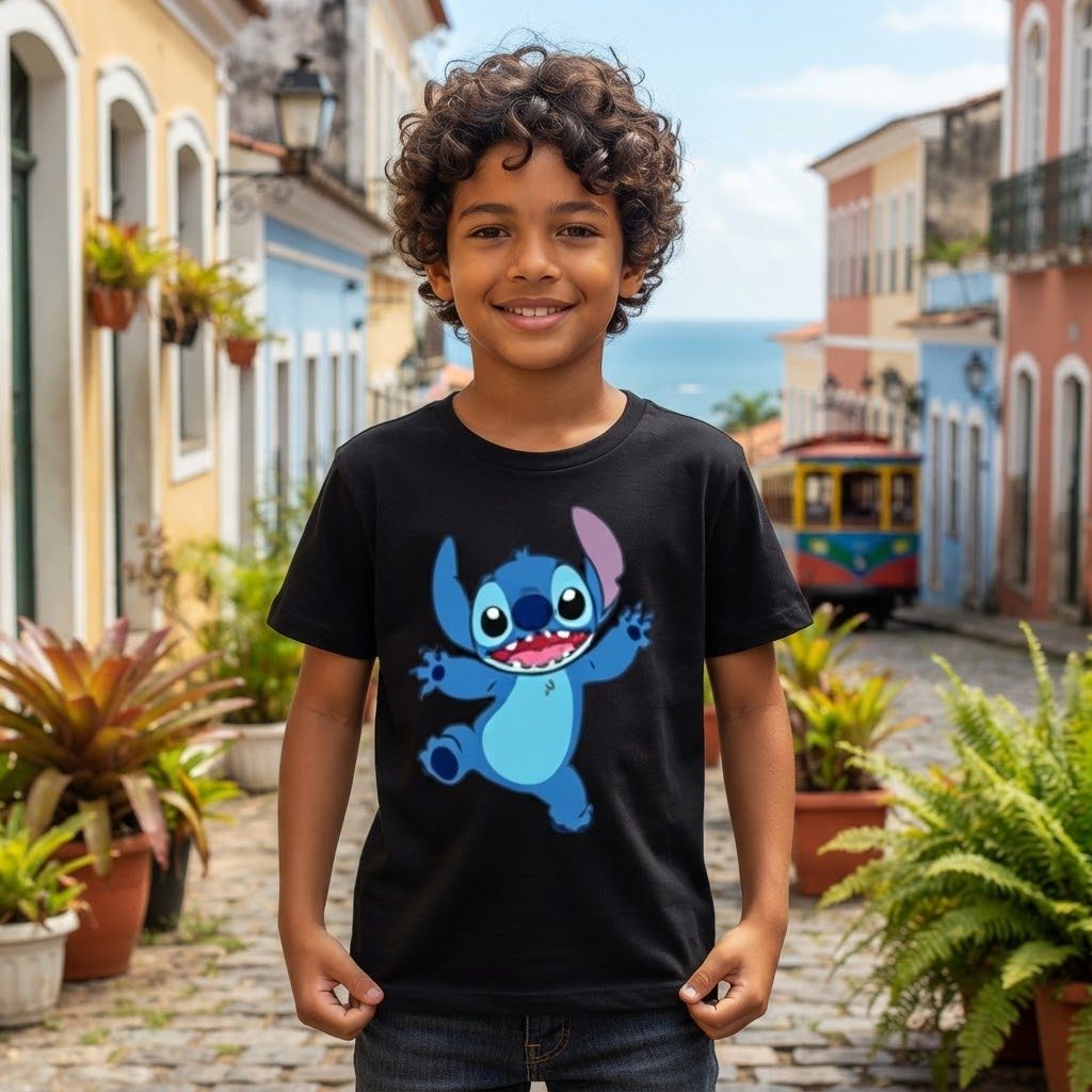 Camiseta Infantil Desenho Fofo Estampada Stitch Personagem Casual Confortável Dia a Dia Unissex