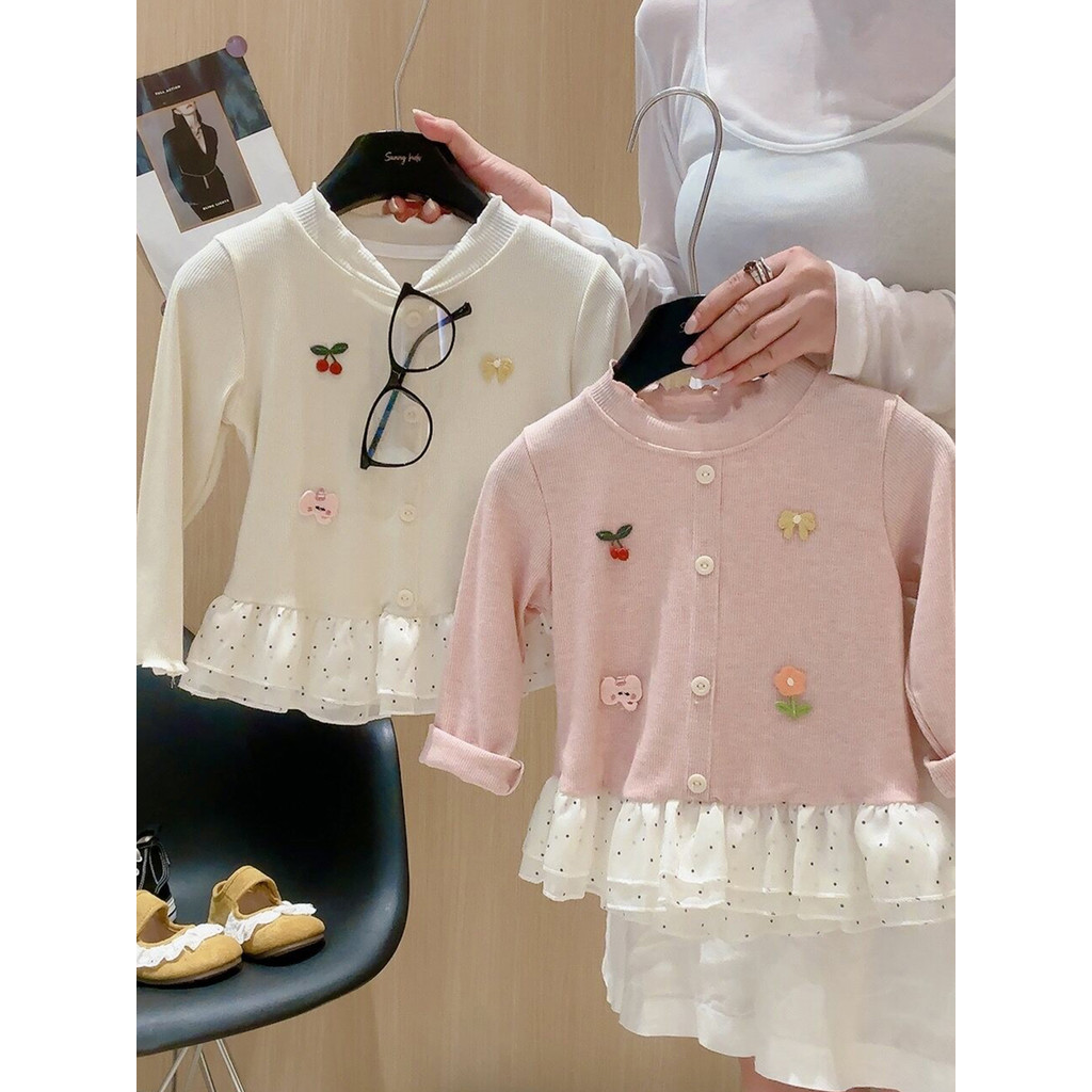 Dumbo meninas camisa de fundo de renda de manga comprida 2026 primavera outono crianças estilo ocidental doce bonito beb