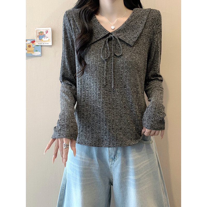 Tamanho grande gordura mm lapela Pit Strip rendas manga comprida camiseta feminina outono estilo ocidental redução de id