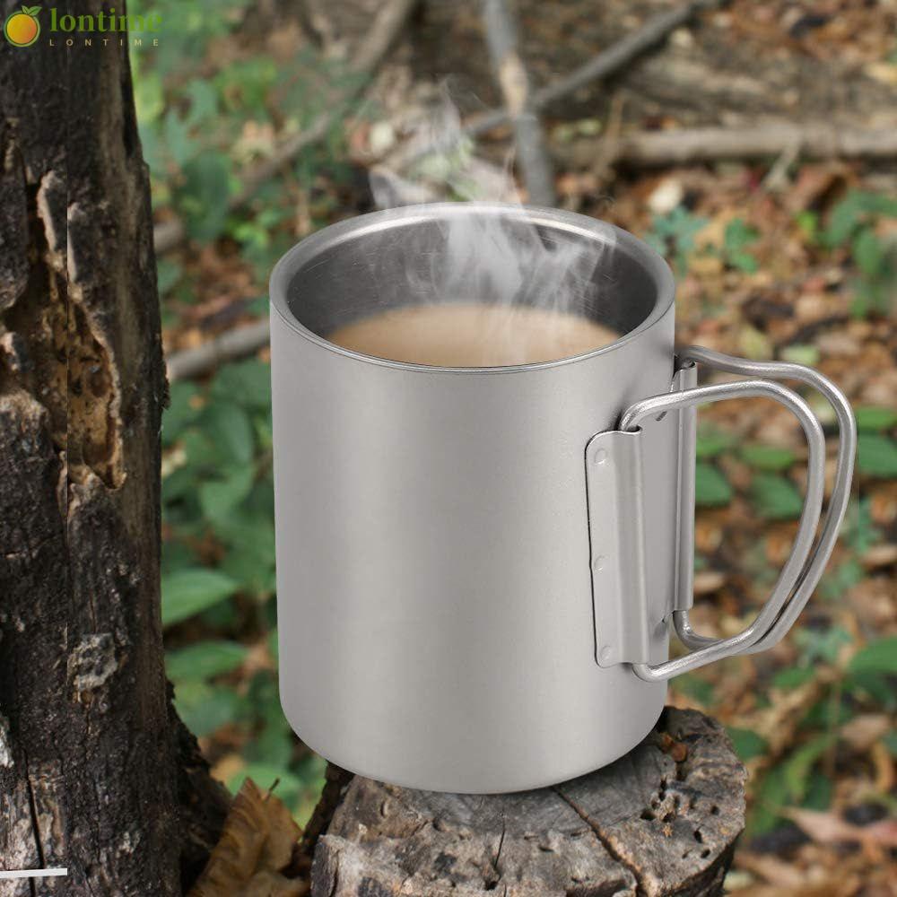 Copo De Água De Titânio , Caneca Compacta De Acampamento Com Alça Dobrável , Garrafa De Café Externa De Parede Dupla Par