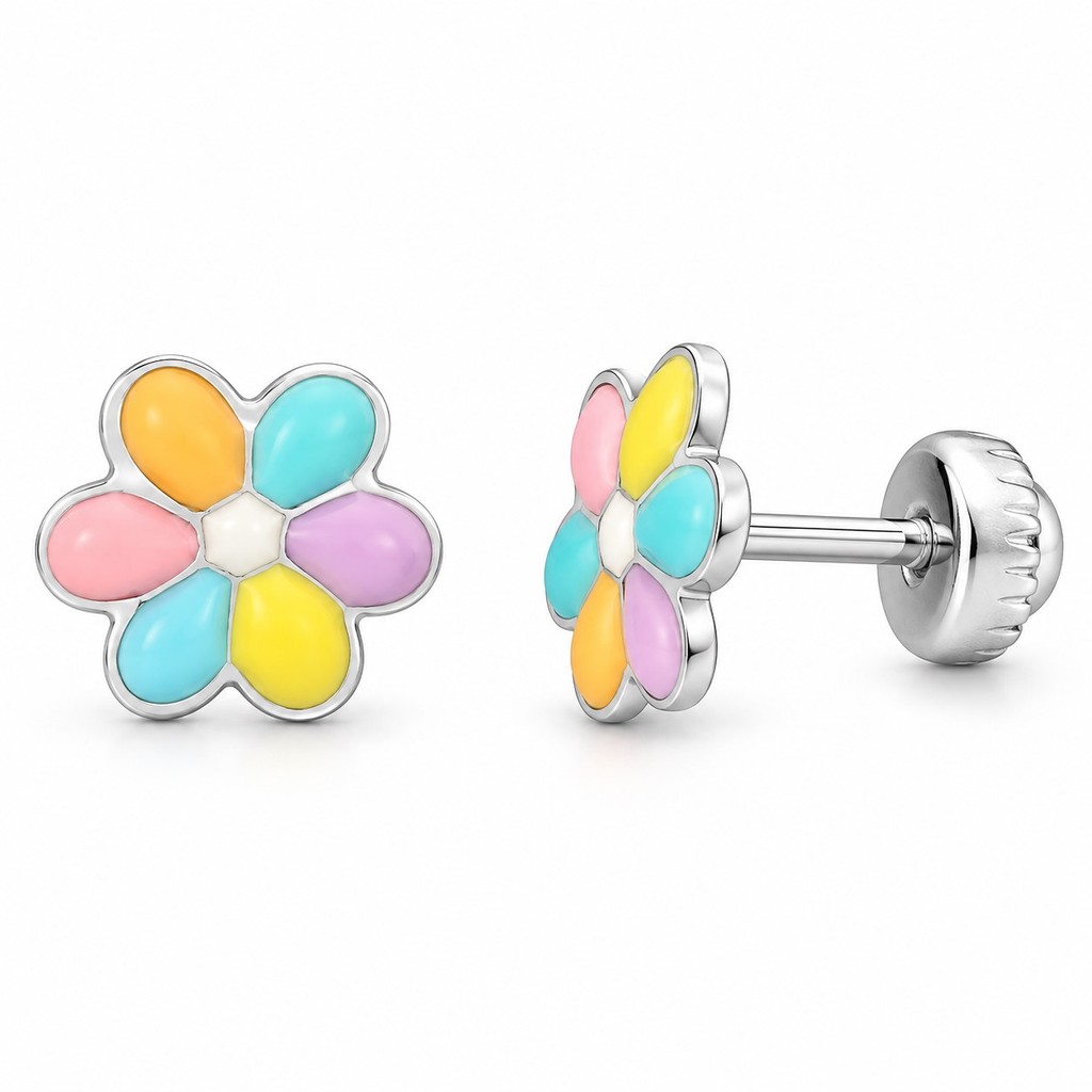 Brinco Infantil Florzinha Colorida em Aço Inox Antialérgico Premium com Tarraxa Baby