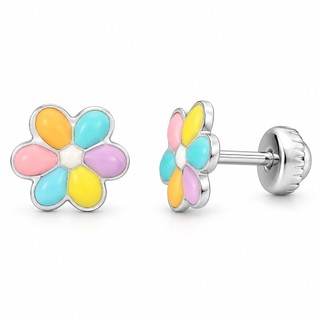 Brinco Infantil Florzinha Colorida em Aço Inox Antialérgico Premium com Tarraxa Baby