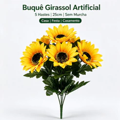 Buquê Girassol Artificial 5 Hastes 25cm Flor Decorativa Amarela Casa Festa Casamento Kit 1/2/6/10