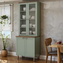 Armário Cristaleira com 2 Portas de Vidro e Balcão com 2 Portas Provençal 100% MDF Verde/Mint/Ébano Verde