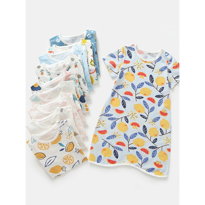Pijama de manga curta para bebês, algodão puro, adequado para a pele, estampa fofa, primavera, verão, outono, respirável