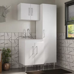 Kit Lavanderia Armários Multiuso para Área de Serviço Branco Branco