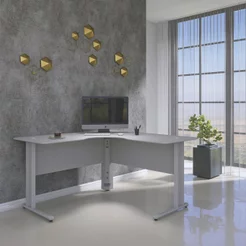 Estação de Trabalho Mesa Plataforma Escritório em L com Passa Fio Maxxi 140cm Cinza Cinza