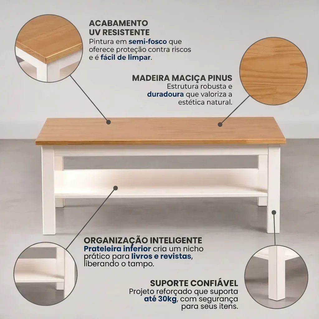 Mesa de Centro Retangular em Madeira Maciça Pinus Vanilla Amêndoa/Branco Yescasa · foto 2