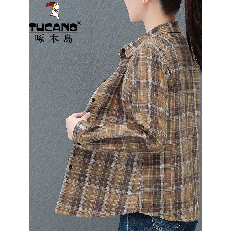 Woodpecker xadrez camisa feminina de manga comprida primavera outono novo estilo mãe de meia-idade estilo ocidental redu