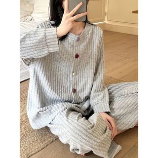 Pijama de lã de cordeiro feminino calças de manga comprida terno cor sólida simples Casual outono inverno versão coreana