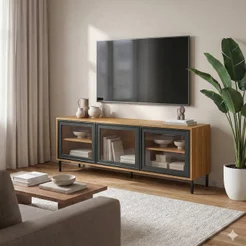 Rack para TV até 55 Polegadas 136cm 3 Portas de Vidro e 2 Prateleiras BR149 Lamina Mel / Preto