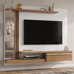Painel para TV até 55 Polegadas com LED e Espelhos 136cmx160cm Denver Móveis Bechara Off White/Cinamomo Off