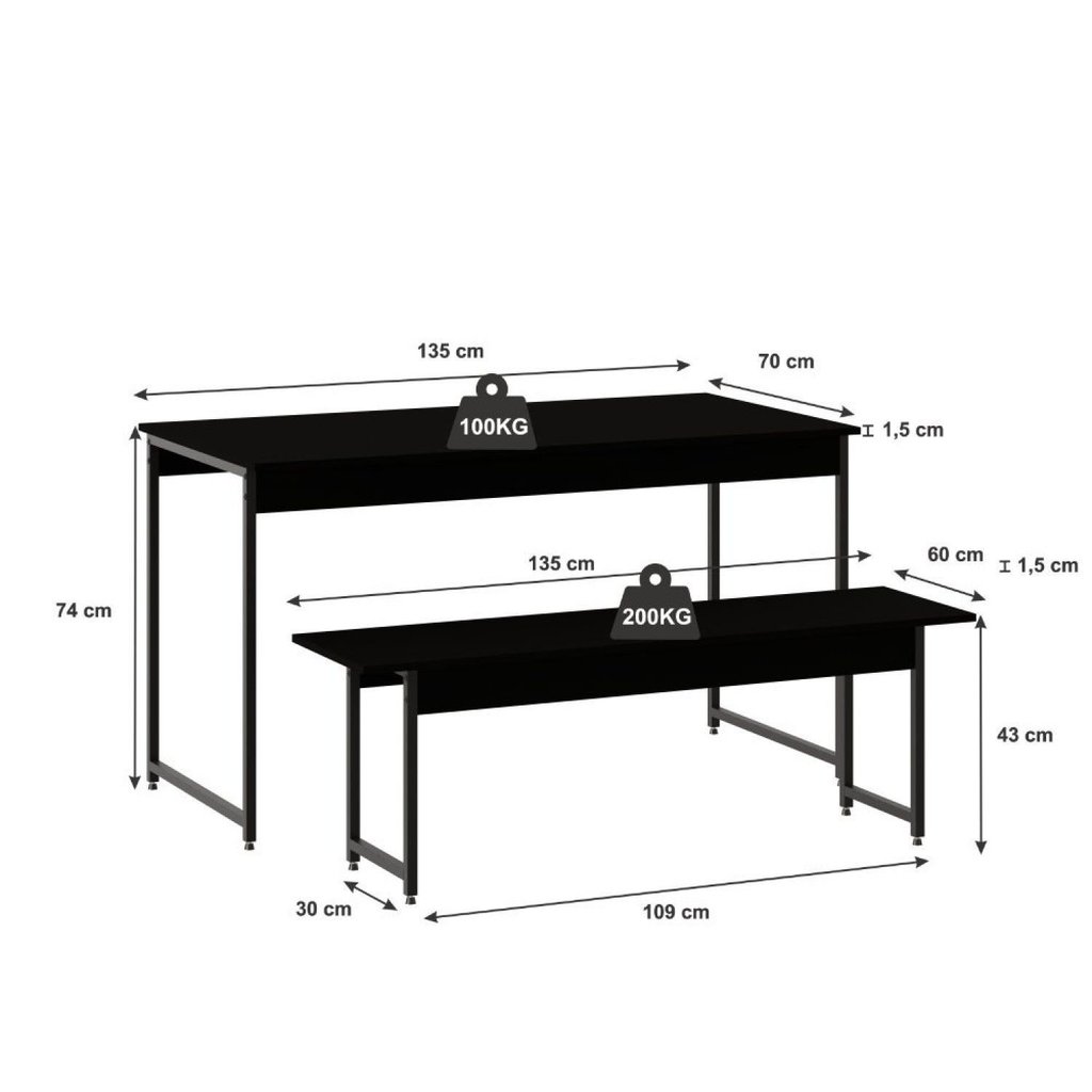Conjunto Mesa de Jantar com 2 Bancos Estilo Industrial Active Yescasa Preto/Ônix Preto Onix · foto 2