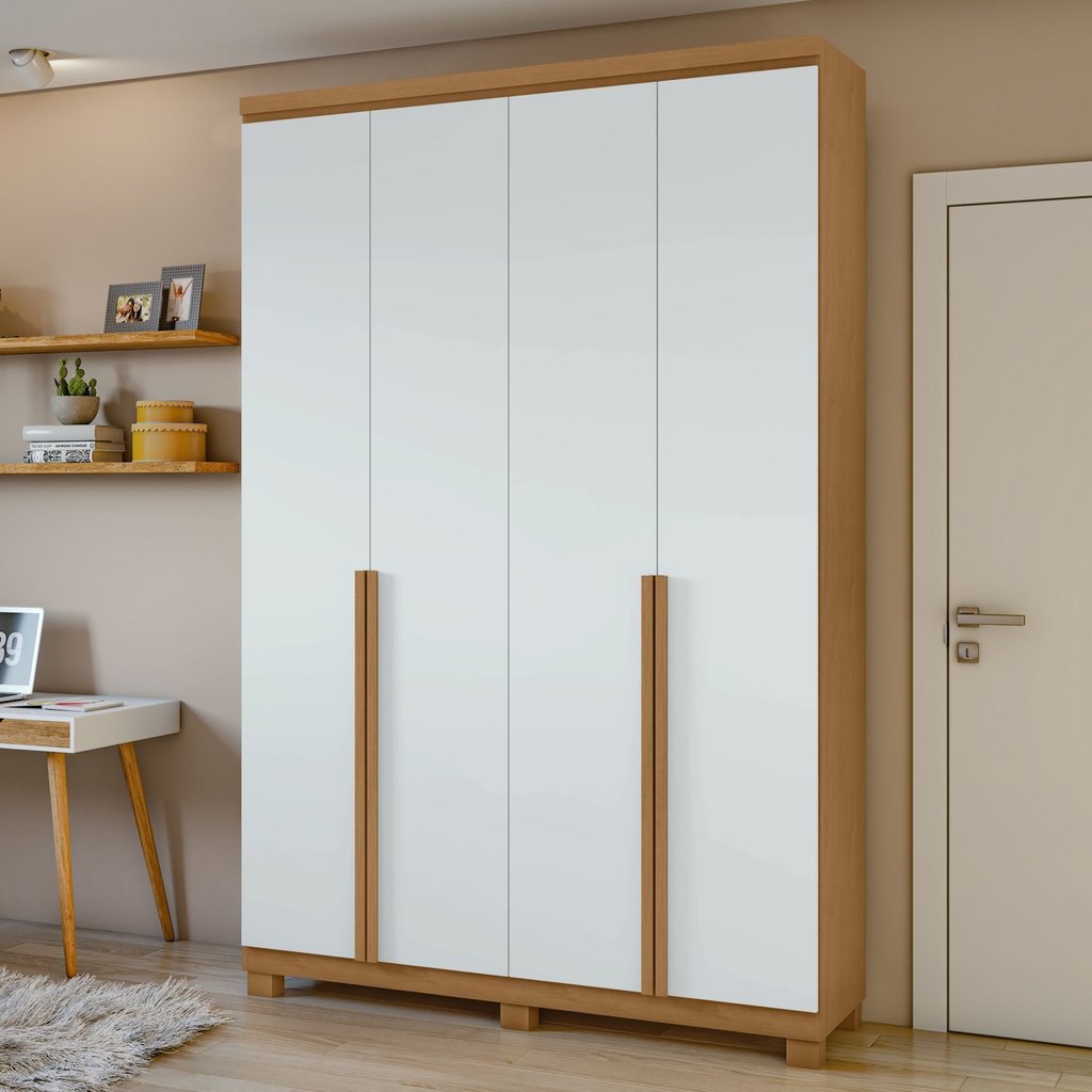 Guarda Roupa Solteiro 4 Portas 2 Gavetas com Pés MDF Alonzo 153.5cm Marrom Amêndoa Clean/Branco Amêndoa Clean/Branco