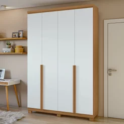 Guarda Roupa Solteiro 4 Portas 2 Gavetas com Pés MDF Alonzo 153.5cm Marrom Amêndoa Clean/Branco Amêndoa Clean/Branco