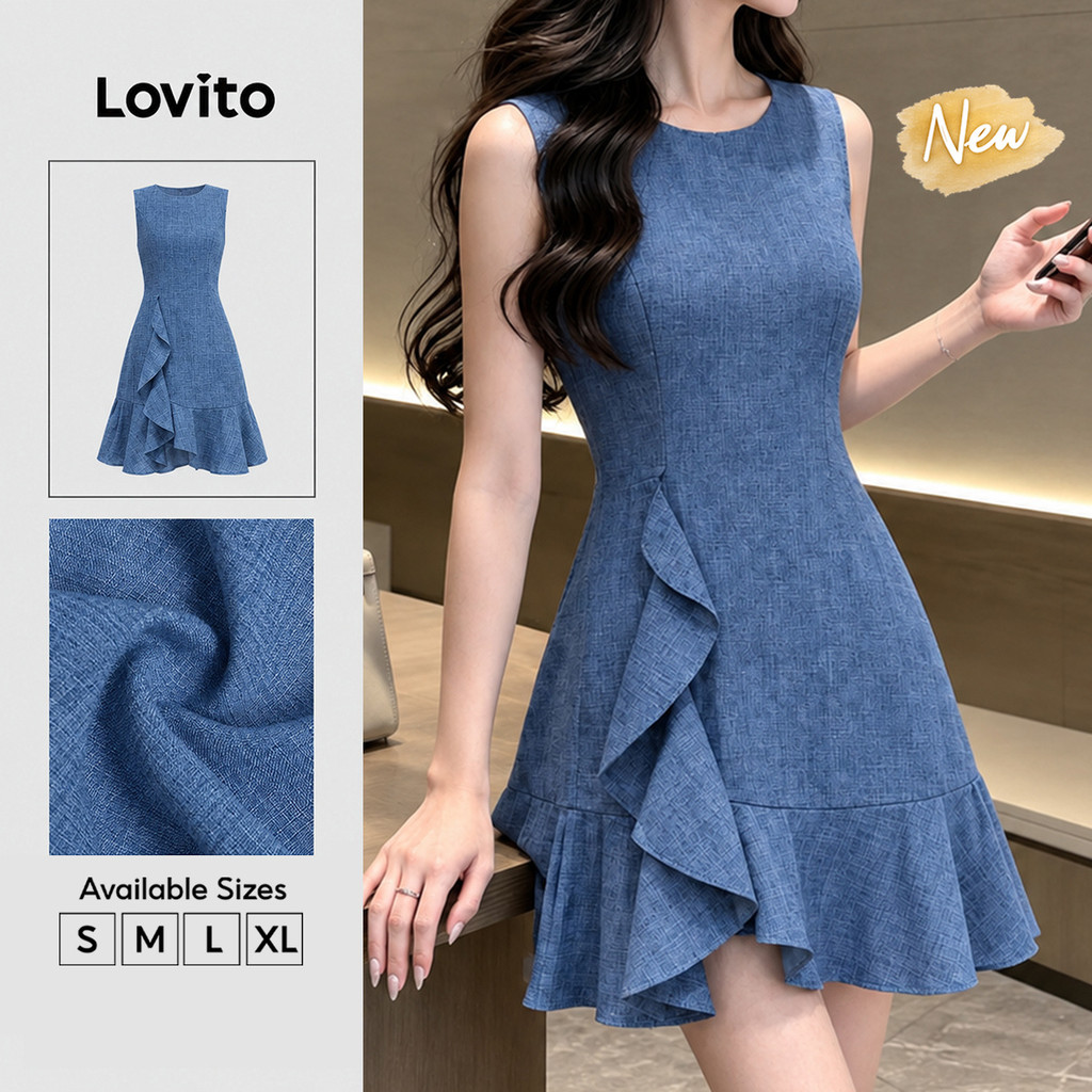 (New Arrival) Lovito Vestido Azul Feminino Casual De Cor Lisa Com Babado Curto Para Primavera E Verão Trabalho E Saídas Noturnas DRK11BR334