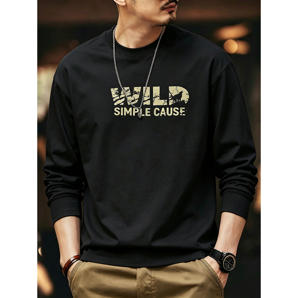 Americano Retro de manga comprida camiseta masculina de algodão pesado camisa de fundo na moda carta solta impressa prim
