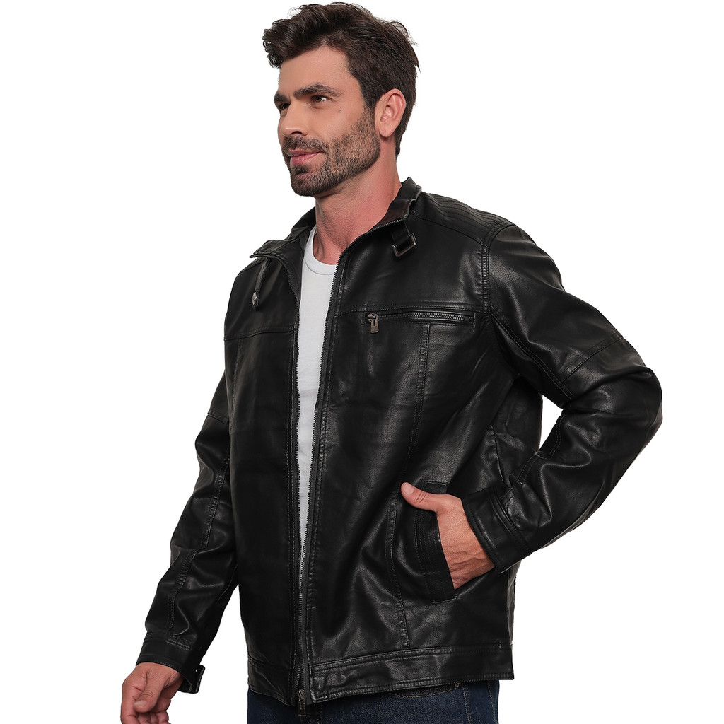 Jaqueta De Couro Masculino Slim Inverno Frio Sem Capuz Grosso Reforçado Motoclub