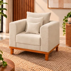 Poltrona Sala Premium Beny Linho Bege Com Almofadas Decorativas Madeira Estofados