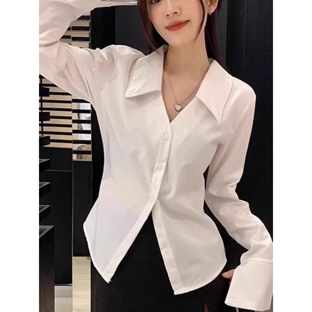 Camisa feminina branca em camadas com decote em V, manga comprida, primavera outono, estilo ocidental, fundo interno, De