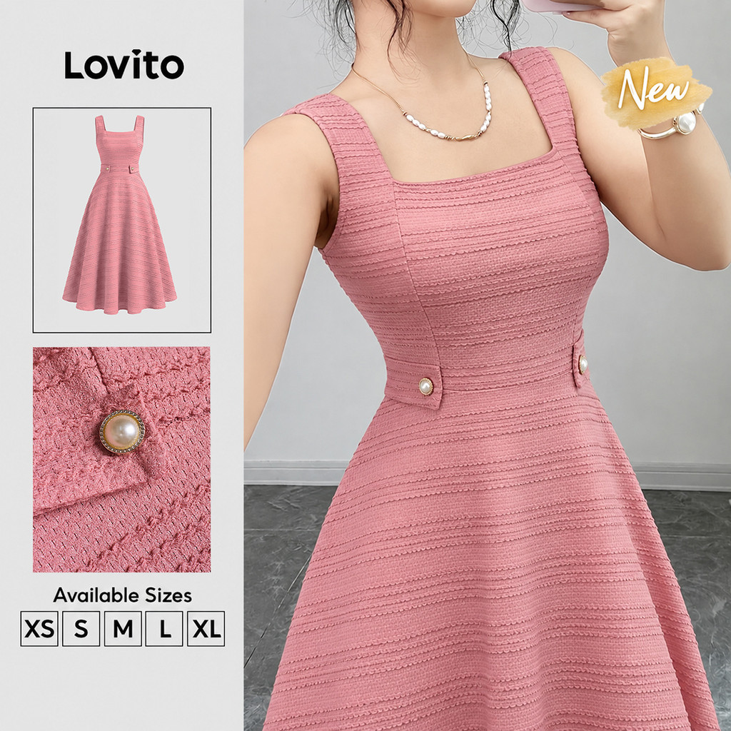 (New Arrival) Lovito Vestido Feminino Rosa Elegante Longo Evasê Com Pérolas E Drapeado Para Trabalho Primavera/verão DRK10P1D1051
