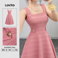 (New Arrival) Lovito Vestido Feminino Rosa Elegante Longo Evasê Com Pérolas E Drapeado Para Trabalho Primavera/verão DRK10P1D1051