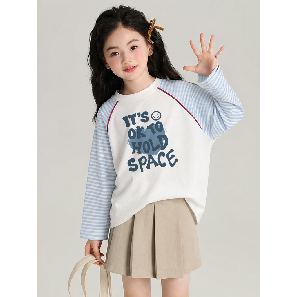 Letras de amor crianças contraste cor listrado costura manga comprida camiseta primavera novo estilo meninas médio grand