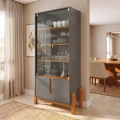 Cristaleira 4 Portas Vidro MDF Cinza Perola 83cm Lizz Cinza Perola/Cedro