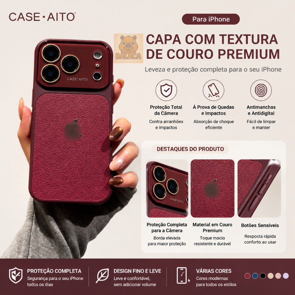 Textura de couro requintada adequada para capinha iPhone 18/17 16 15 14 13 proMax lente de cristal logoLuxo HD De Câmera
