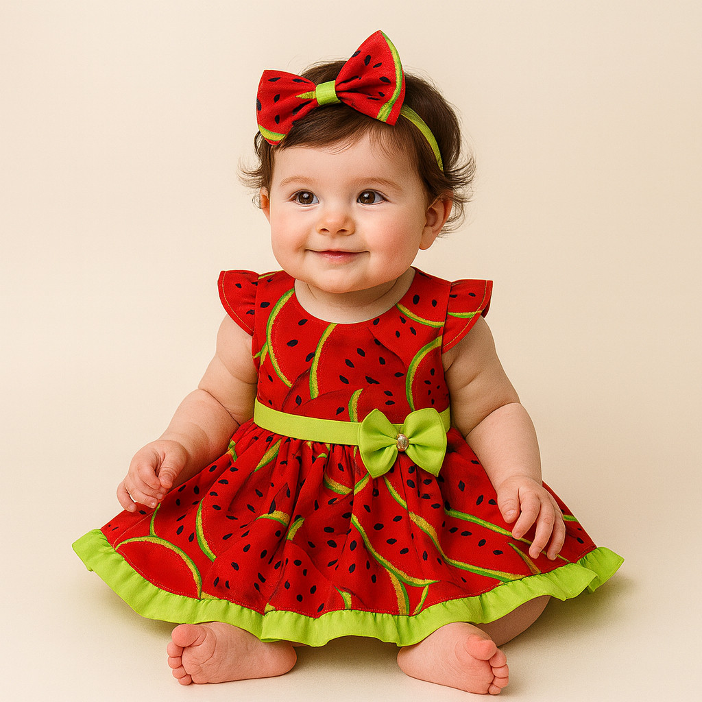 Vestido Estampado Melancia Magali Com Tiara Menina Infantil P a 3 Anos Festa Infantil com Tiara