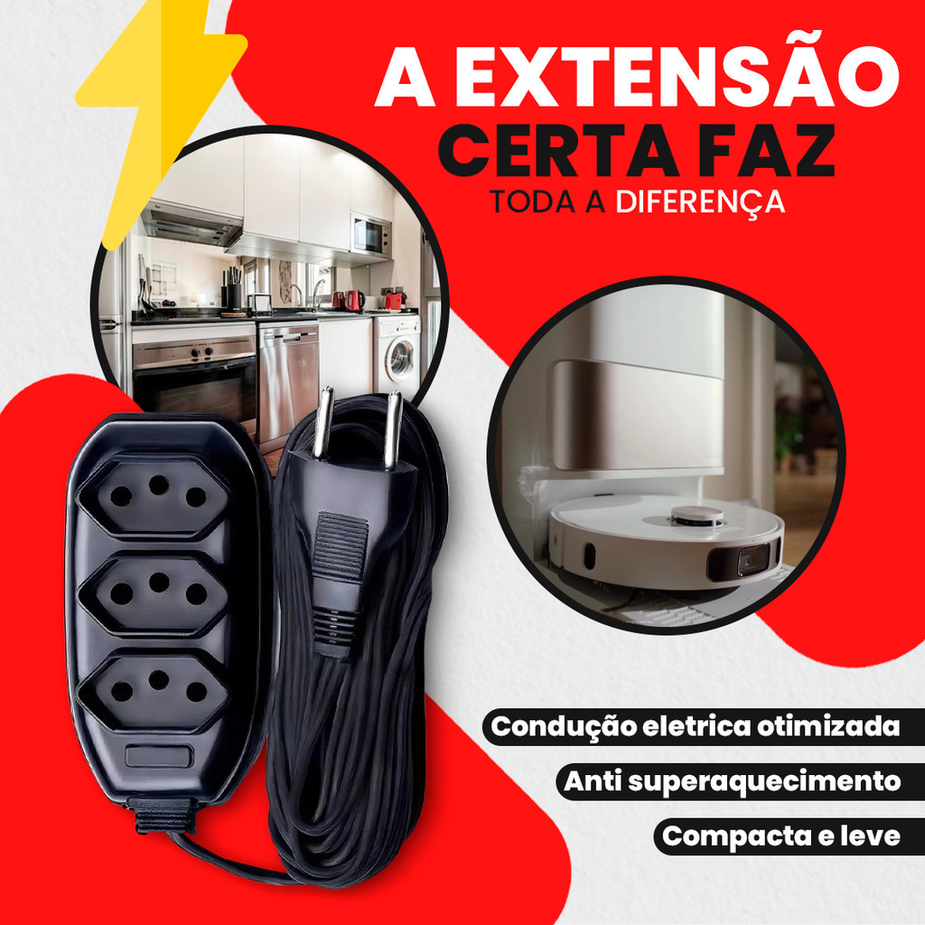 Extensão Elétrica 10 Metros - Bivolt 110/220 10A Tomada Tripolares Preta Resistente