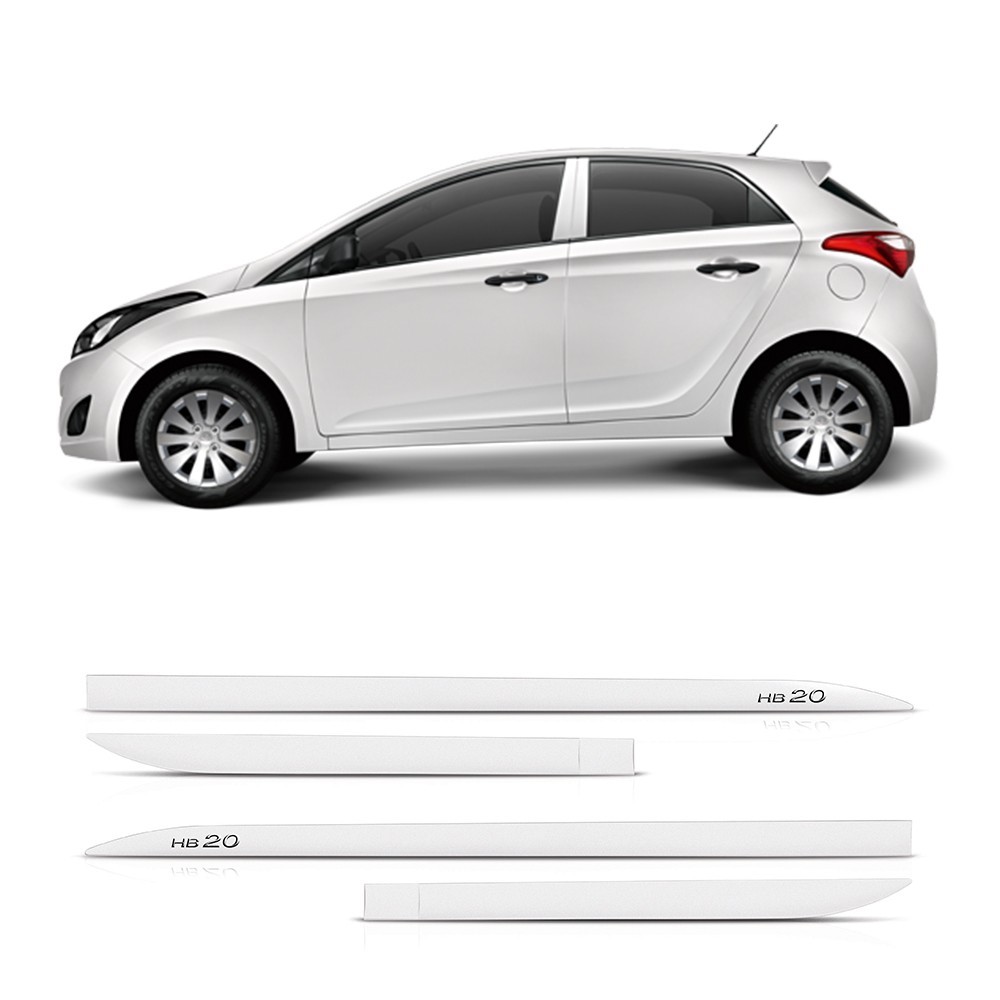 Friso Lateral Hyundai HB20 2012 a 2024 Flash Cotrim Protetor Portas Branco Polar Letra Cromada 4 peças
