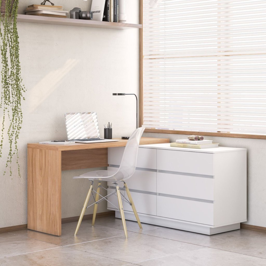 Escrivaninha em L ou Reta 140cm 6 Gavetas Oring CabeCasa MadeiraOriginals Branco/Itapuã em Oferta na Shopee