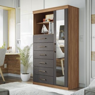 Multi-cômoda 1 Porta 6 Gavetas Marabá com Espelho Jatoba/Grafite em Oferta na Shopee