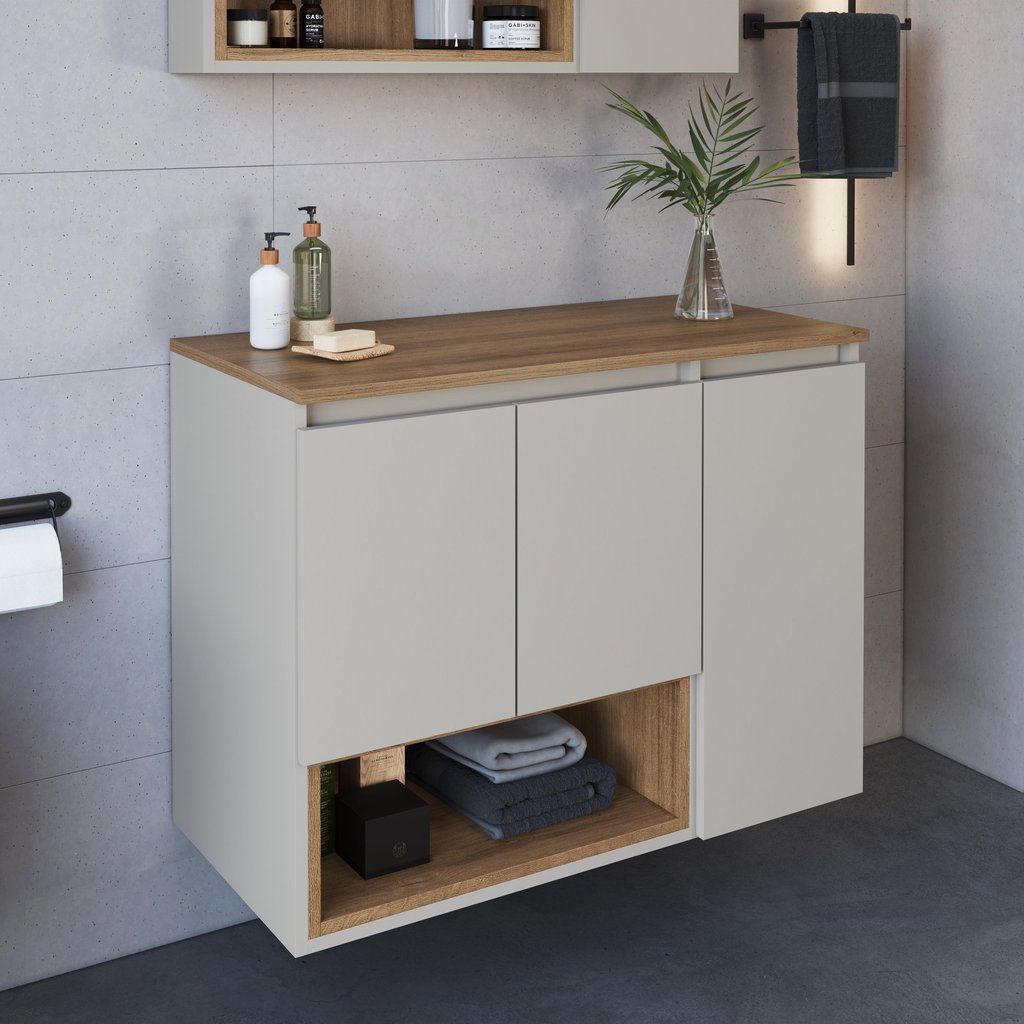 Gabinete de Banheiro Suspenso 80cm Cecília com 3 Portas e 1 Nicho sem Cuba Mel/Arenas em Oferta na Shopee