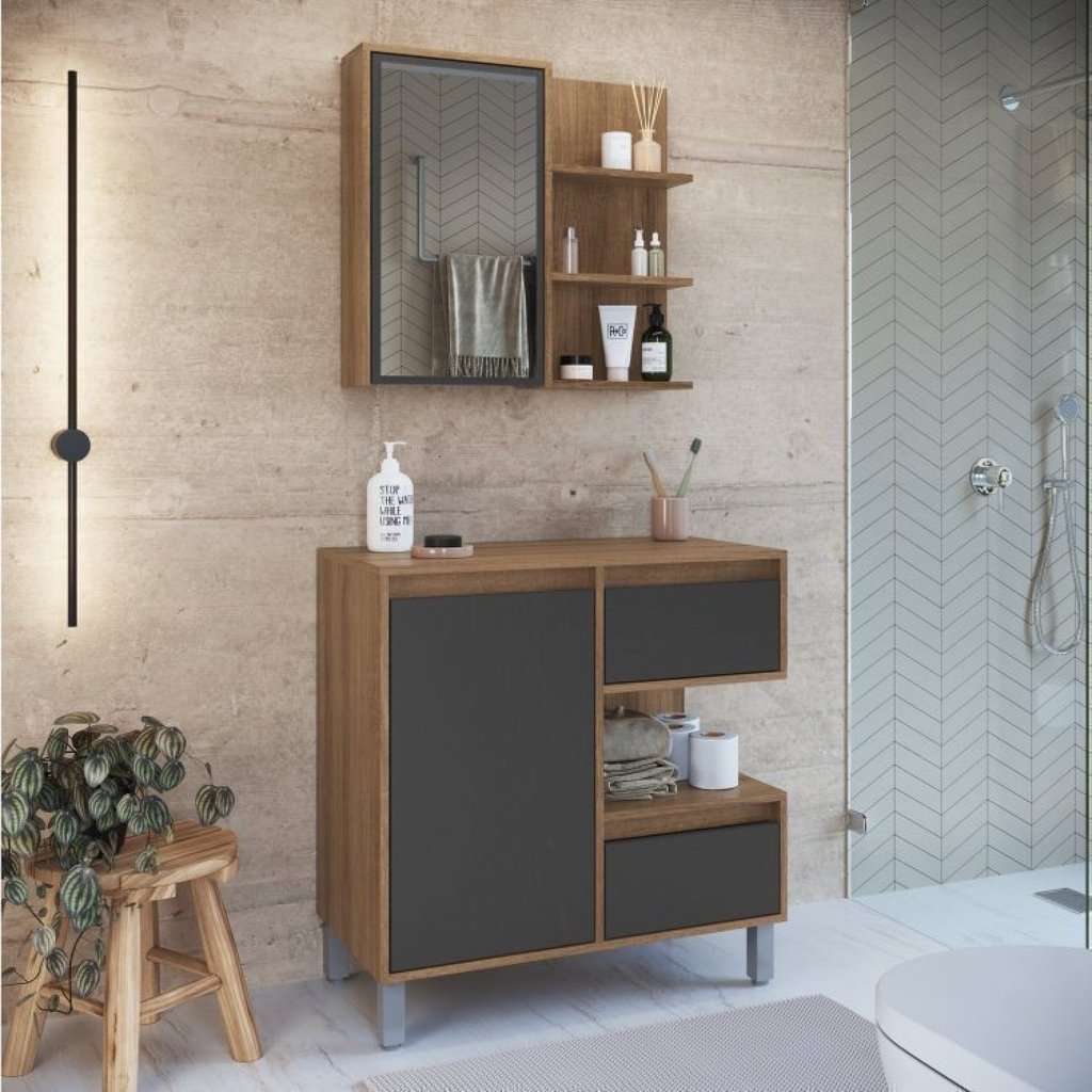 Gabinete de Banheiro 80cm Paula com Espelheira 01 Porta sem Cuba Mel/Grafite