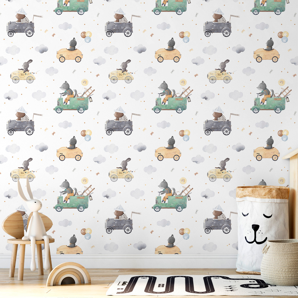Papel de Parede Infantil Aquarela Animais Dirigindo Carrinhos | Quarto de Bebê Auto Adesivo Decorativo Menino e Menina